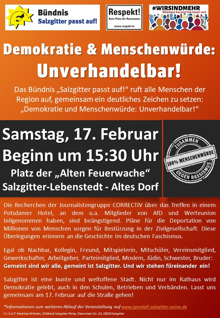 Demo für Demokratie & Menschenwürde – 17. Februar ab 15.30 Uhr in Salzgitter-Lebenstedt, Altes Dorf:  Sportler rufen Sportlerinnen und Sportler zur Teilnahme auf!